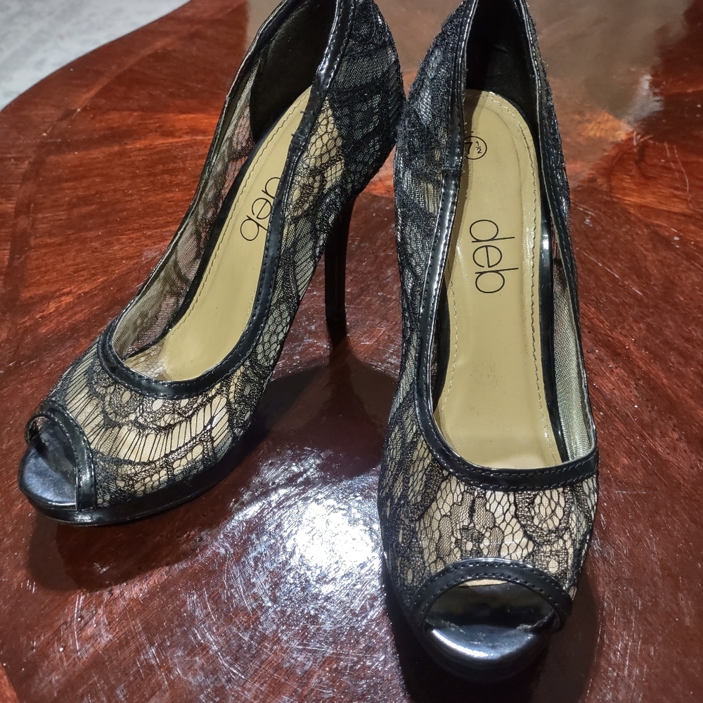 (Sh698) Deb,Black Lace Heels, 7.5,Open Toe